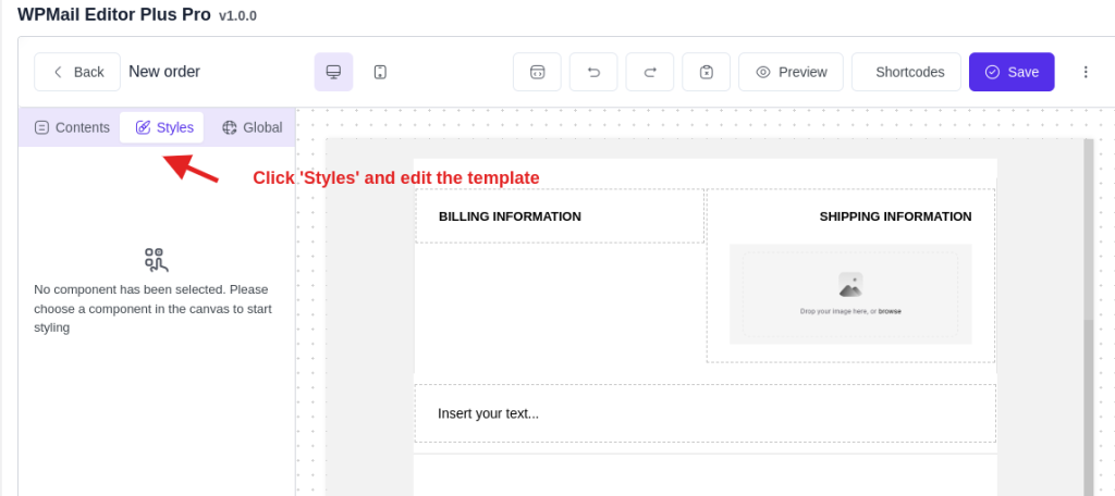 Click Styles on the Email customizer plugin