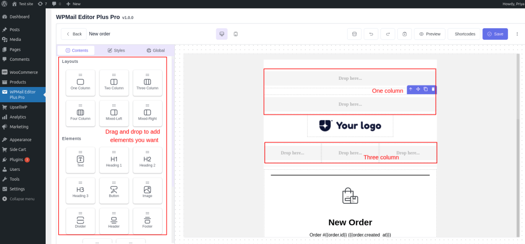 Drag and drop option to customize email template for WooCommerce