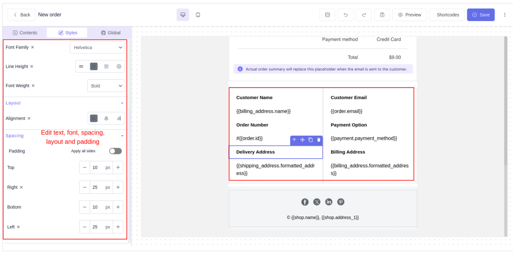 Editing the content of the email template