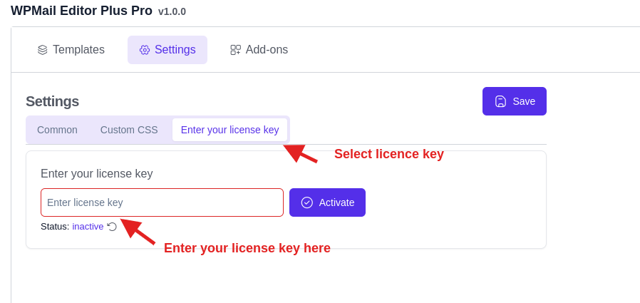 Enter license key and activate WPMail Plus Pro email customizer