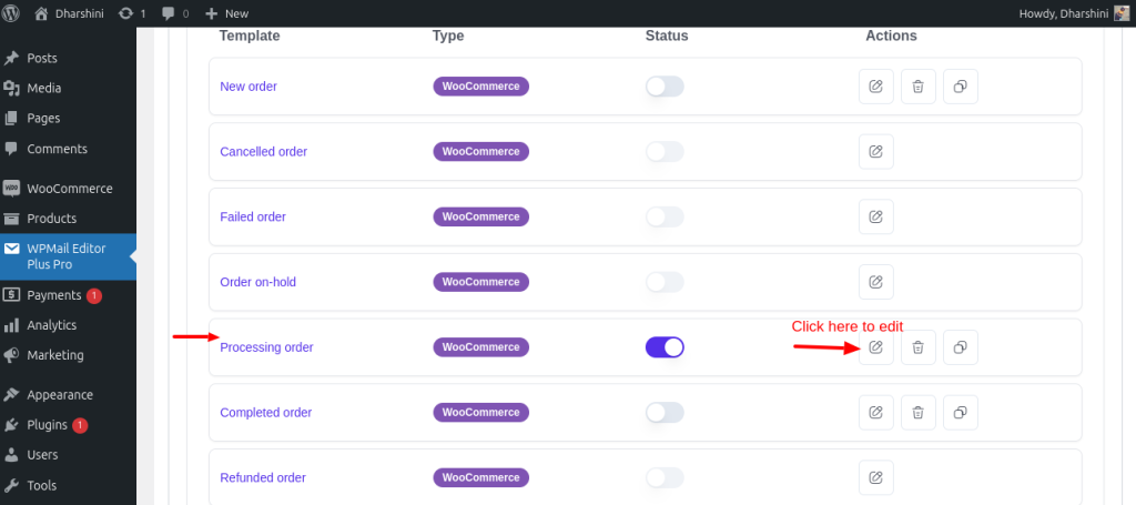 Selecting Processing order template in WPMail Plus