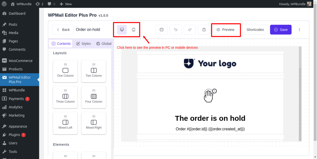 Previewing the customized WooCommerce emails using WPMail Editor Plus Pro