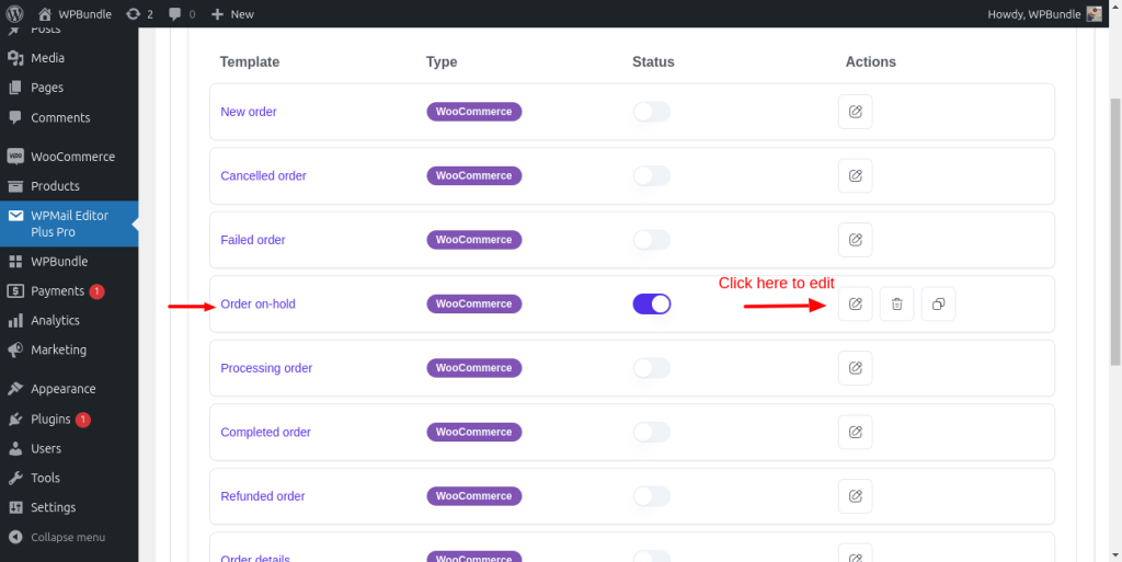 Selecting order on-hold template in WPMail Editor Plus Pro plugin